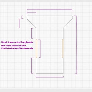 May include: A technical diagram of a chassis component on a grid background. The text reads: Shock tower notch if applicable. Most carbon chassis use notch. If bed is to sit on top of the chassis rails. The drawing features dimension lines.