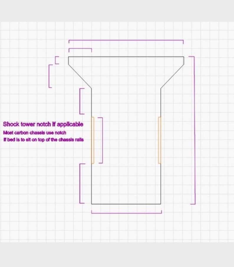 May include: A technical diagram of a chassis component on a grid background. The text reads: Shock tower notch if applicable. Most carbon chassis use notch. If bed is to sit on top of the chassis rails. The drawing features dimension lines.