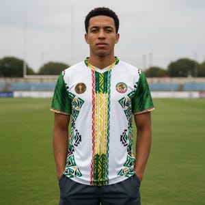 Puede incluir: Una camiseta de fútbol blanca con detalles verdes y amarillos. La camiseta tiene cuello en V y mangas cortas con ribete verde. La parte delantera presenta un diseño de rayas verticales en amarillo, rojo y verde, con patrones geométricos. Una persona lleva la camiseta.