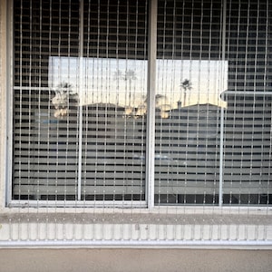 May include: Exterior view of a window with a metal security grid and horizontal blinds. The window reflects a sunset scene with palm trees and buildings. The window is set in a stucco wall.