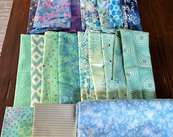 Fabric Bundle:  Green/Blue/Purple Palette - Mostly Fat Quarters/Some Larger Pieces