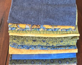 Flannel Fat Quarters: Yellow, Blue, Green Fall Quilt Fabric Set