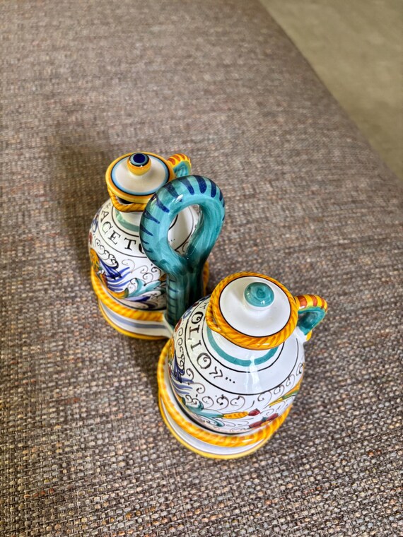 Dragon Motif Majolica Oil and Vinegar Set From Biordi Imports, San