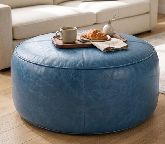 Denim Blue Moroccan Leather Ottoman Pouf – Handmade Round Footstool (Unstuffed)