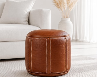 Dark Brown Moroccan Leather Ottoman Pouf Genuine Leather Round Coffee Table Footstool Hassock Handmade Custom Size (Unstuffed)