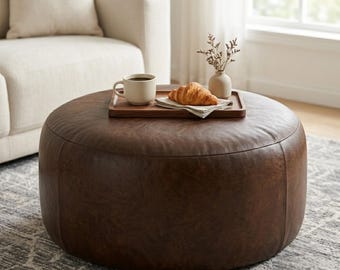Espresso Brown Leather Coffee Table Ottoman, Handmade Moroccan Round Pouf, Genuine Leather Floor Footstool Large (Unstuffed)