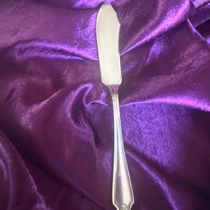May include: A silver butter knife with a rounded blade, resting on a purple satin fabric. The knife has a decorative handle with a floral design. The blade appears to have butter on it.