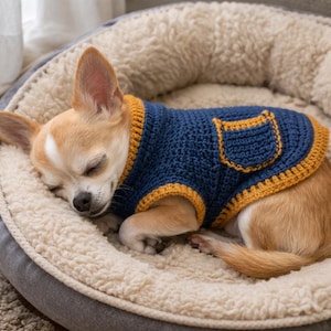 May include: A sleeping Chihuahua dog wearing a navy blue and yellow crochet sweater, curled up in a soft, round dog bed. The dog bed has a gray exterior and a cream-colored, fluffy interior.