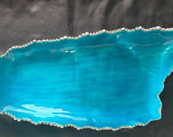 Blue  Abstract Platter Silver Edge Glossy Finish 19x10 in Decorative