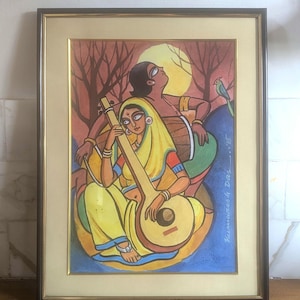 オリジナルのインド水彩画｜ヴィンテージサリーを着た女性の肖像画｜サイン入りコレクターズアイテムの壁掛けアート｜伝統的な遺産｜ボヘミアン風ホームデコレーション