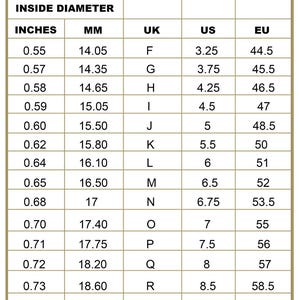 May include: A ring size chart with a gold header titled RING SIZE CHART. The table lists inside diameter measurements in inches and millimeters, alongside corresponding UK, US, and EU ring sizes, ranging from 0.55 inches to 0.77 inches.