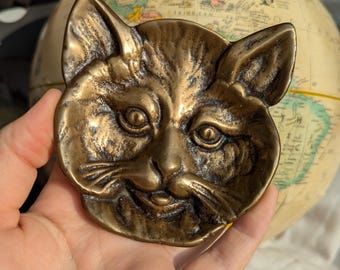 Vintage Brass Cat Face Trinket Dish Mid Century Oddity Witchy Spoon Rest