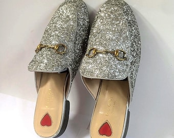 GUCCI Vintage Loafers | Princetown Silver Glitter Slippers Leather Mules | Size 36 | Horsebit Leather Loafers | Women's Shoes - Gift for her