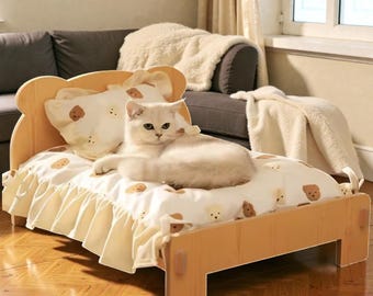 Wooden Cat Bed with Washable Cushion, Modern Cat House Indoor, Cozy Cat Nest, Elevated Pet Bed, Cat Furniture, All Season Kitten Bed