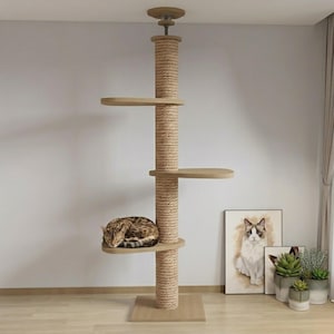 Floor to Ceiling Cat Tree Tower, Modern Cat Climber with Hammock, Wooden Cat Tree, Tall Cat Tower for Large Cats, Modern Cat Furniture
