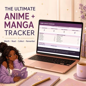 May include: A rose gold laptop displaying an Anime and Manga Dashboard with statistics, next to a purple notebook, a gold pen, and a purple mug. An illustration of a person with dark curly hair reading a book titled Manga is in the foreground.