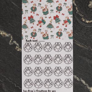 May include: A rectangular sticker sheet featuring a top section with a repeating pattern of Christmas geese, trees, and bows in red, green, and white. The bottom section contains twenty black-outlined wreath icons with the text Each icon and Lee-Arne's Creations for you.