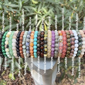 Op de afbeelding: Een verzameling kralenarmbanden met verschillende edelstenen, waaronder Yellow Wood, Silver Obsidian en Amazonite. Elke armband toont een uniek kleurenpalet en textuur, met de namen van de stenen.