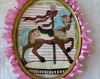 Hand Painted Carousel Horse Art, Vintage Oval Frame, Pink Nursery Decor