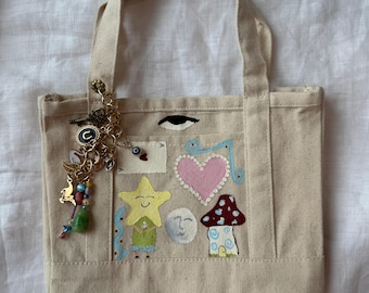 Hand Painted Mini Tote Bag With Whimsical Charm, Small Art Canvas Tote