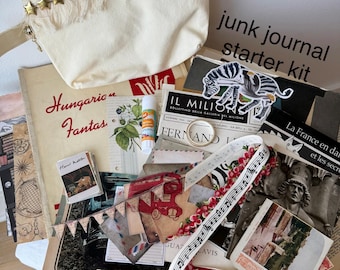 Vintage Junk Journal Starter Kit – Ephemera Bundle with Antique Book, Music Sheets, Stamps, Textiles