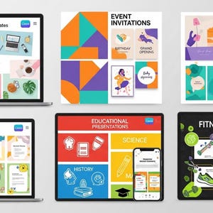 May include: A collection of digital design templates displayed on laptops, tablets, and a smartphone. The templates include social media designs, event invitations, educational presentations, and fitness planners. The color palette is vibrant, with pinks, blues, greens, and oranges.