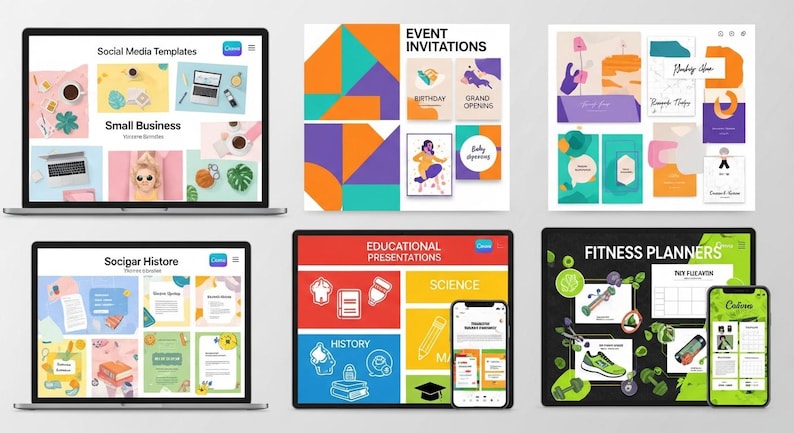 May include: A collection of digital design templates displayed on laptops, tablets, and a smartphone. The templates include social media designs, event invitations, educational presentations, and fitness planners. The color palette is vibrant, with pinks, blues, greens, and oranges.