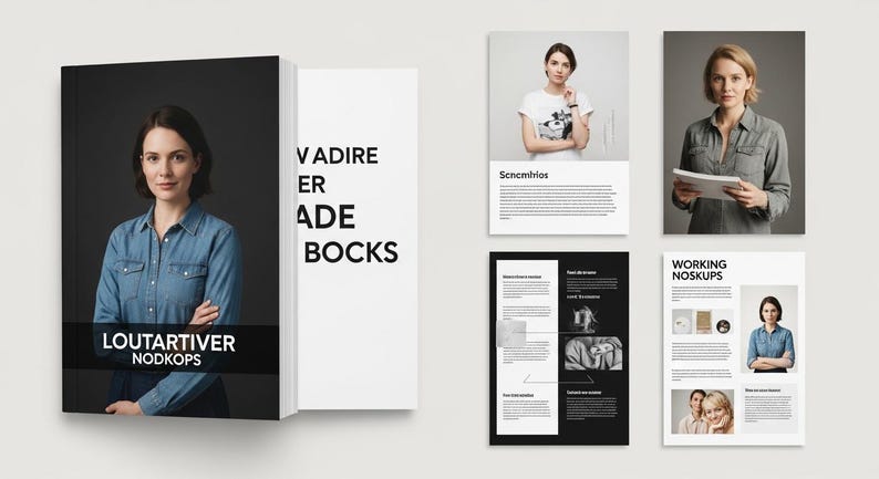 May include: A book cover with a woman in a denim shirt, the title "Loutartiver Nodkops" in white text on a black banner. Adjacent is a white book spine with black text. Additional pages show a woman in a white shirt and a woman holding a book.