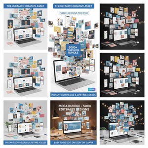 May include: A collection of digital design templates, displayed with a laptop, smartphones, and various printed cards. The text reads "THE ULTIMATE CREATIVE ASSET" and "5000+ DESIGNS FOR YOU". The scene is well-lit, showcasing a modern aesthetic.