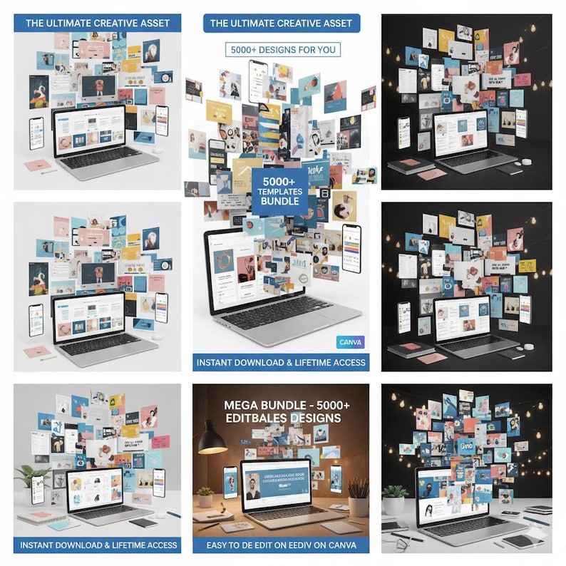 May include: A collection of digital design templates, displayed with a laptop, smartphones, and various printed cards. The text reads "THE ULTIMATE CREATIVE ASSET" and "5000+ DESIGNS FOR YOU". The scene is well-lit, showcasing a modern aesthetic.