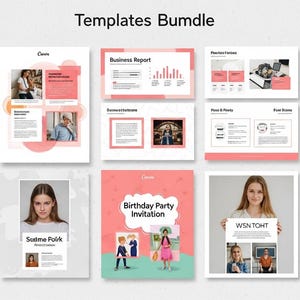 May include: A collection of templates with a pink and white color scheme. The templates include a summer sale flyer, business report, and birthday party invitation. The text "Templates Bundle" is at the top.