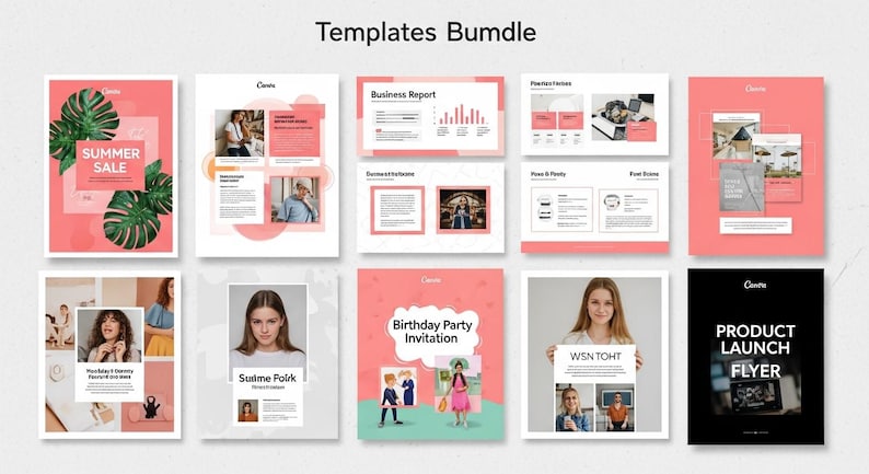 May include: A collection of templates with a pink and white color scheme. The templates include a summer sale flyer, business report, and birthday party invitation. The text "Templates Bundle" is at the top.
