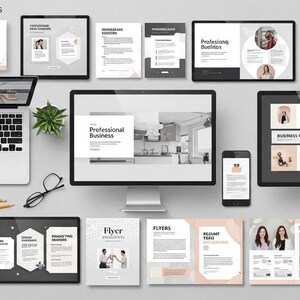 May include: A collection of digital design templates displayed on various devices, including a laptop, desktop monitors, tablets, and smartphones. The templates feature layouts for Instagram stories, business brochures, flyers, and invitations, with a neutral color palette.