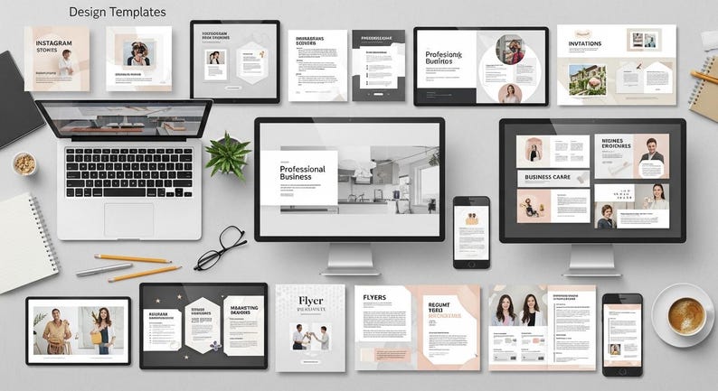 May include: A collection of digital design templates displayed on various devices, including a laptop, desktop monitors, tablets, and smartphones. The templates feature layouts for Instagram stories, business brochures, flyers, and invitations, with a neutral color palette.