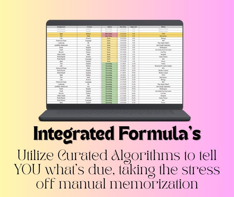 K&ouml;nnte beinhalten: Ein Laptop zeigt eine Tabelle mit Aufgabeninformationen. Der Bildschirm zeigt Spalten f&uuml;r Aufgaben, Kurse, F&auml;lligkeitsdatum und Notizen. Darunter steht "Integrated Formula's" und "Utilize Curated Algorithms to tell YOU what's due..."