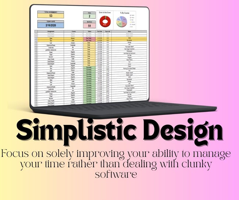 K&ouml;nnte beinhalten: Ein Laptop, der eine Tabelle mit Datenvisualisierungen anzeigt. Der Bildschirm zeigt eine Tabelle mit Zeilen und Spalten sowie Diagrammen. Der Text "Simplistic Design" steht darunter, mit Text zum Zeitmanagement.