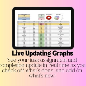 K&ouml;nnte beinhalten: Ein Tablet zeigt eine Tabelle mit Daten und Diagrammen. Der Text "Live Updating Graphs" befindet sich unter dem Tablet. Das Bild enth&auml;lt auch den Text "See your task assignment and completion update in real time as you check off what's done, and add on what's new!"