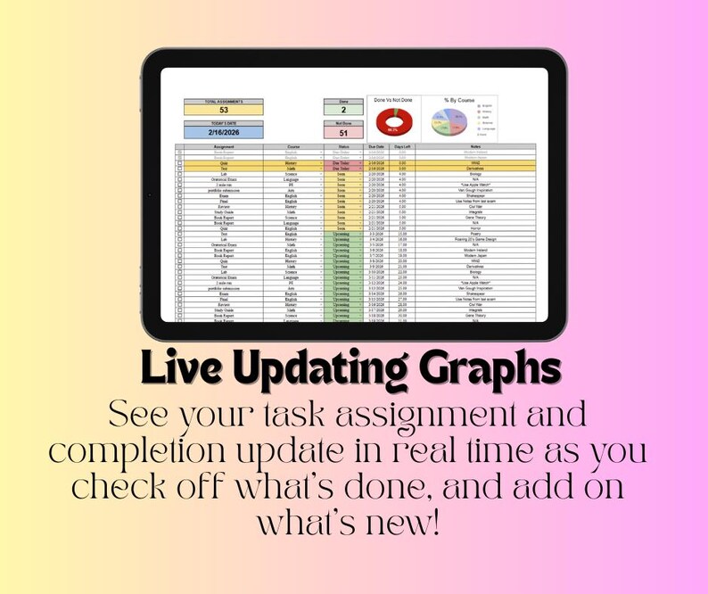 K&ouml;nnte beinhalten: Ein Tablet zeigt eine Tabelle mit Daten und Diagrammen. Der Text "Live Updating Graphs" befindet sich unter dem Tablet. Das Bild enth&auml;lt auch den Text "See your task assignment and completion update in real time as you check off what's done, and add on what's new!"