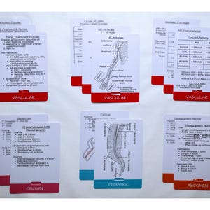 May include: A set of six white medical reference cards with black text and diagrams, featuring red or blue bottom banners labeled Vascular, OB/GYN, Pediatric, or Abdomen. Each card displays clinical protocols, anatomical charts, and measurements.
