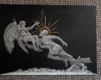Cupid Drawing: Mythological Art, Love Symbolism, Celestial Sunburst Detail