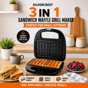May include: A black Silvercrest 3 in 1 sandwich, waffle, and grill maker with an open lid showing two cooked waffles inside. The appliance features a handle and a black exterior. Text on the image reads 3 IN 1 SANDWICH WAFFLE GRILL MAKER.