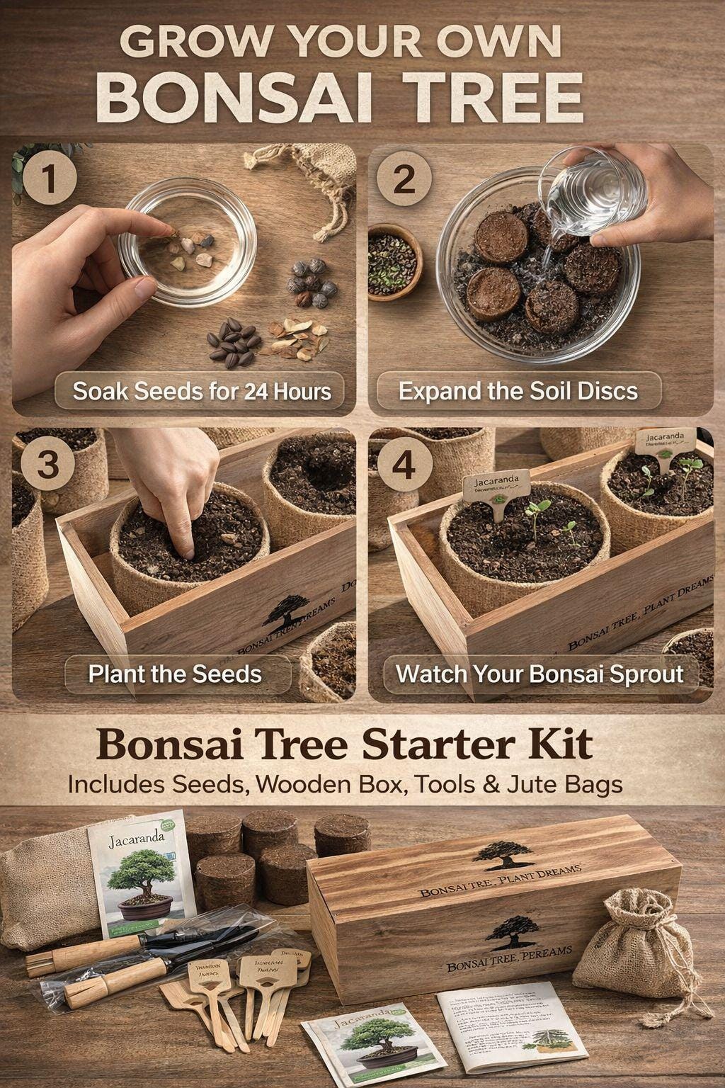 Bonsai Tree Starter Kit Wooden Box Seeds Tools Jute Bags Plant