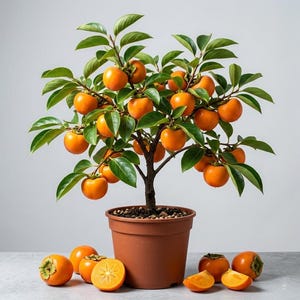May include: A potted persimmon tree with vibrant orange fruit and green leaves. The tree is in a brown pot, with several ripe persimmons and slices arranged around the base. The fruit is a bright orange color.