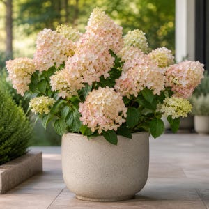 May include: A potted hydrangea plant featuring large, conical clusters of pale pink and creamy white flowers. The plant has vibrant green leaves and is housed in a simple, round, light beige speckled ceramic planter with a smooth, matte finish.