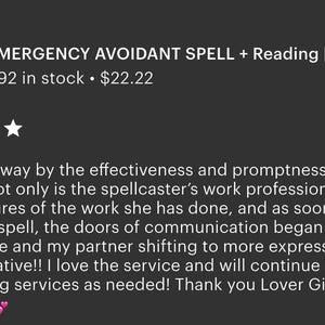 May include: Image of an Etsy listing for an Emergency Avoidant Spell and Reading. The listing includes a book cover image, five-star ratings, and customer testimonials. The text includes the title, stock count, and price.