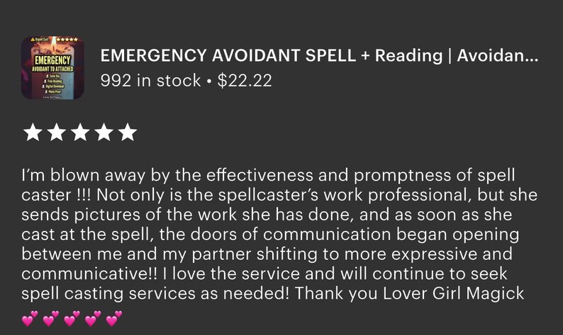 May include: Image of an Etsy listing for an Emergency Avoidant Spell and Reading. The listing includes a book cover image, five-star ratings, and customer testimonials. The text includes the title, stock count, and price.