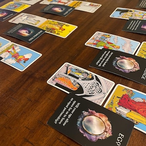May include: A collection of tarot cards laid out on a dark wooden surface. The cards feature various illustrations and text, including the words "EGO" and "UNEXPECTED". Some cards have questions like "Will your ego allow space for us to have an equal partnership?"