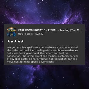 May include: Image features a dark background with a nebula design. A rectangular graphic displays the text "FAST COMMUNICATION RITUAL + Reading | Text M..." and "TEXT ME NOW". The graphic also includes a customer review.