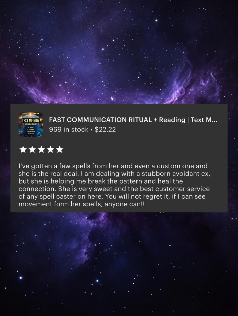 May include: Image features a dark background with a nebula design. A rectangular graphic displays the text "FAST COMMUNICATION RITUAL + Reading | Text M..." and "TEXT ME NOW". The graphic also includes a customer review.