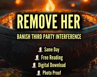 May include: A dark cauldron with flames and the text "REMOVE HER" and "BANISH THIRD PARTY INTERFERENCE." Additional text includes "Same Day," "Free Reading," "Digital Download," and "Photo Proof."